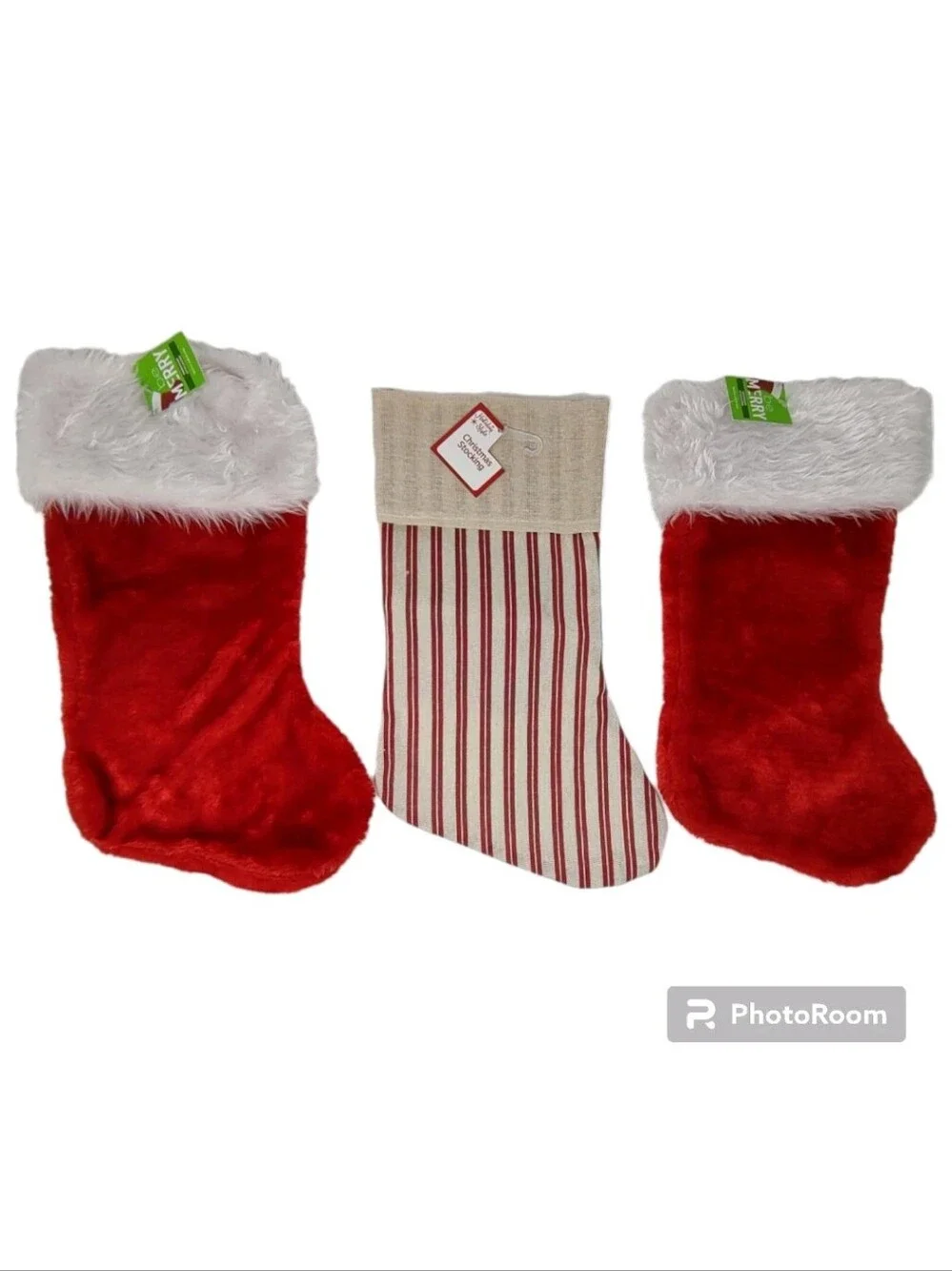 Set of 3 NWT Christmas Stockings Bundle 2 Classic Red Plush & 1 Farmhouse Stripe
